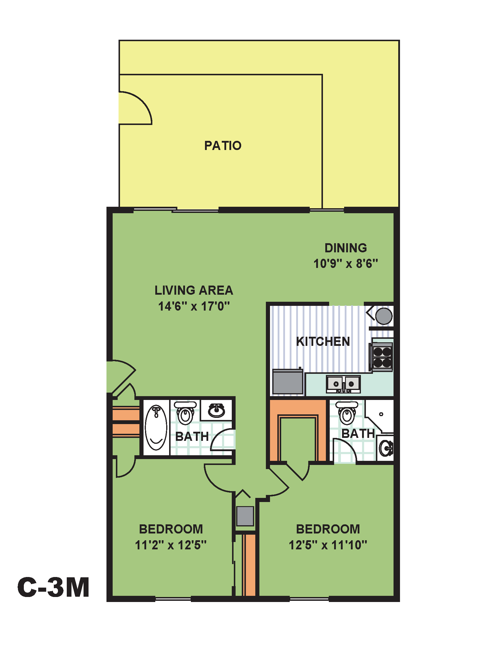 Floor plan for 2 beds, 2 baths, 970 sqft